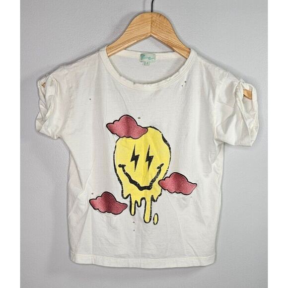 Girls Baby Tee Size 8 Melting Dripping Smiley Face T Shirt Distressed Pink Cloud - Picture 1 of 9